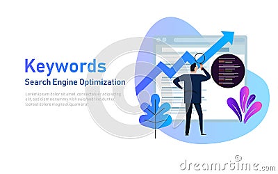 Keywording, SEO keyword research, keywords ranking optimization on search engine. Vector illustration of people looking Vector Illustration