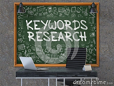 Keywords Research Concept. Doodle Icons on Chalkboard. 3D Render. Stock Photo