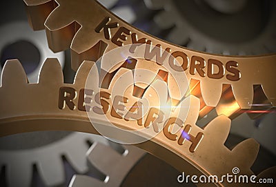 Keywords Research on Golden Metallic Gears. 3D Illustration. Stock Photo