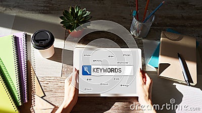 Keywords. SEO, Search engine optimization and internet marketing concept on screen. Stock Photo