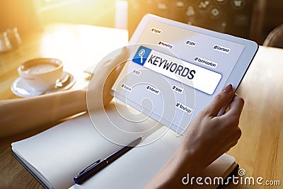 Keywords. SEO, Search engine optimization and internet marketing concept on screen. Stock Photo
