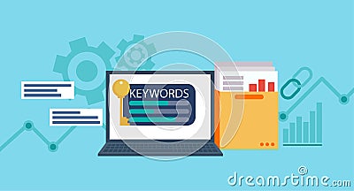 Keywords tool word matching program. Laptop with a folder of documents and graphs and key. Vector Illustration
