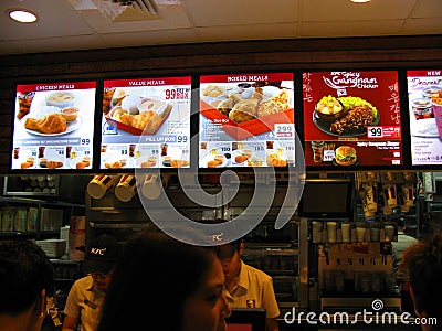 KFC Menu Board at a KFC Restaurant in an Indoor Shopping Mall Editorial Stock Photo