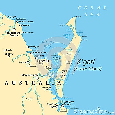 Kgari, formerly Fraser Island, political map, worlds largest sand island Vector Illustration