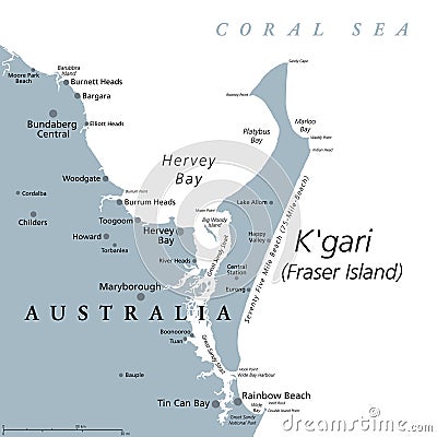 Kgari, formerly Fraser Island, gray political map, worlds largest sand island Vector Illustration