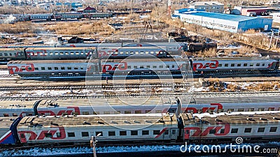 KHABAROVSK, November. 15, 2018: view of the cars of railway passenger cars at the railway depot . Passenger trains Editorial Stock Photo