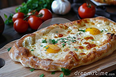 Khachapuri, Georgian cheese-filled bread, delicious and savory. Stock Photo
