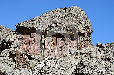 Khachkars (cross-stones) of Geghard monastery,Armenia Stock Photo