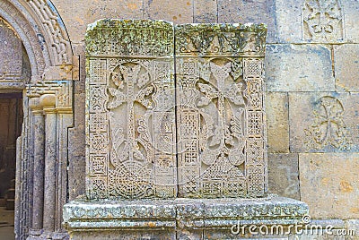 The khachkars of Goshavank Monastery Stock Photo