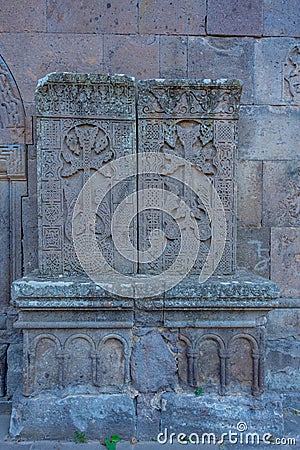 Khachkars in Goshavank monastery in Armenia Stock Photo