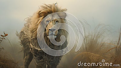 Mist-like Lion With Tresses: Life-like Avian Illustrations In Junglepunk Style Stock Photo