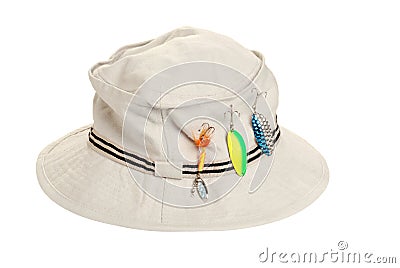 Khaki hat with fishing tackle Stock Photo