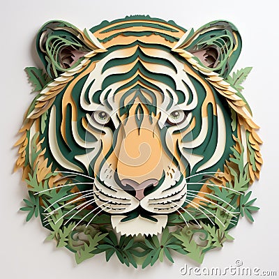 Khaki Tiger: Intricately Sculpted Paper Art Deco Wall Art Stock Photo
