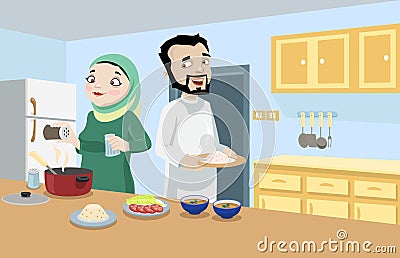 Khaliji Couple In The Kitchen Vector Illustration