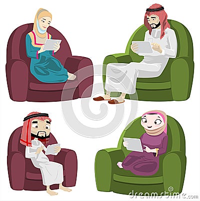 Khaliji People Using The Tablet/Pad Vector Illustration