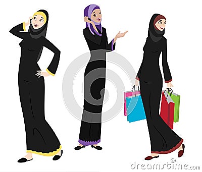 Khaliji Women Icons In Standing Positions Vector Illustration