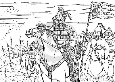 Khan Mongolian nomad on horseback and his horde Vector Illustration