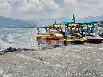 Khanpur Dam Lake view with boats and launches Editorial Stock Photo
