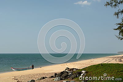 Fishing boat on Thai Mueang beach. Khao Lampi - Hat Thai Mueang national park. Phang Nga province. Thailand Editorial Stock Photo