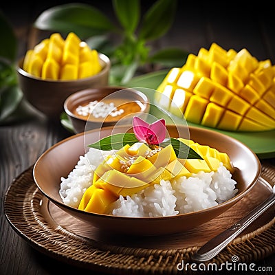 Khao Niew Ma Muang (Thai Sweet Sticky Rice with Mango is the best traditional Thai dessert. Stock Photo