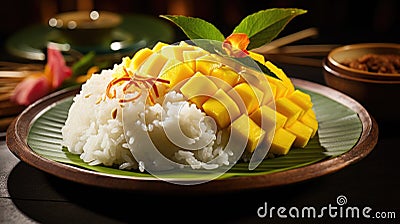 Khao Niew Mamuang or Thai mango sticky rice with coconut cream. Generative AI Stock Photo