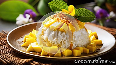 Khao Niew Mamuang or Thai mango sticky rice with coconut cream. Generative AI Stock Photo