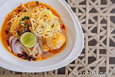 Khao Soi - Thai spicy chicken noodle curry soup Stock Photo