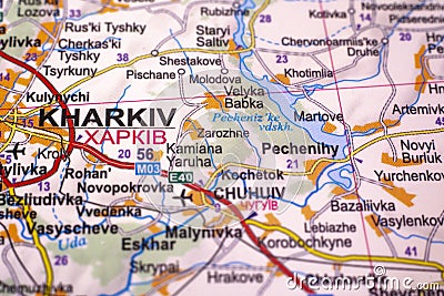 Kharkiv city in Ukraine attacked by Russian troops, political map. Stock Photo