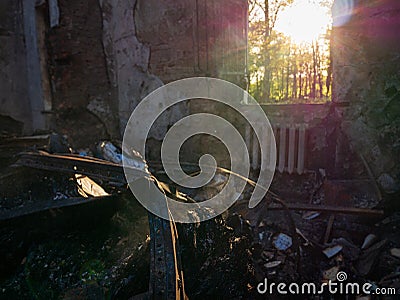 Kharkiv region, Kharkov, Skovorodinovka, Skovorodinivka, Ukraine - 05.07.2022: broken window ruins Literary and Memorial Stock Photo