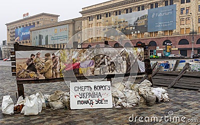 Antiwar poster in Kharkiv, Ukraine . Freedom Square in Kharkiv during the Russian invasion in Ukraine Editorial Stock Photo