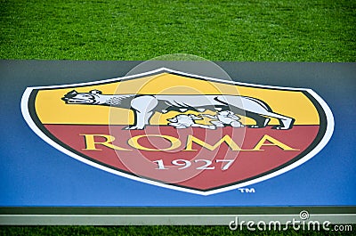 KHARKIV, UKRAINE - FEBRUARY 21, 2018: Official Logo AS Roma closeup during UEFA Champions League match between Shakhtar Donetsk v Editorial Stock Photo