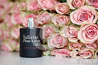 KHARKIV, UKRAINE - JANUARY 2, 2021 Bottle of Lady Vengeance perfume Juliette has a gun released in 2007 by Francis Editorial Stock Photo