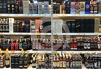 KHARKIV, UKRAINE - 26 July 2021: Illustrative editorial of elite alcohol on store shelves. Editorial Stock Photo