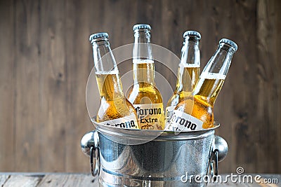 Kharkiv, Ukraine - 30 June, 2020: Illustrative editorial of Corona Beer bottles close-up in the ice bucket Editorial Stock Photo