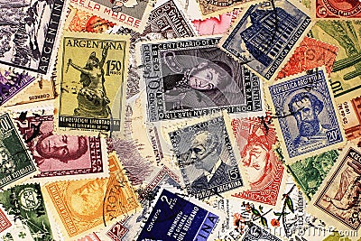 Old post stamps of Argentina. Editorial Stock Photo