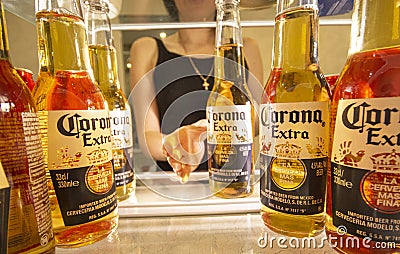 KHARKIV, UKRAINE - 28 November, 2020: Illustrative editorial of Corona Beer bottles in the fridge. Editorial Stock Photo