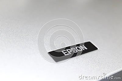 Kharkov, Ukraine - December 24, 2021: Epson logo close-up. Epson printer in workshop Editorial Stock Photo