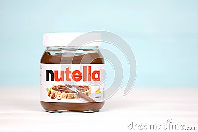 KHARKOV, UKRAINE - DECEMBER 27, 2020: Nutella classic glass can. Nutella is manufactured by Italian company Ferrero first Editorial Stock Photo