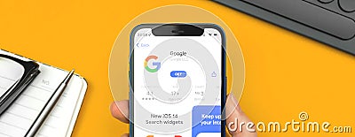 Kharkov, Ukraine - January 10, 2022: Google app icon close-up, banner design. Woman uses the application on Apple iPhone Editorial Stock Photo