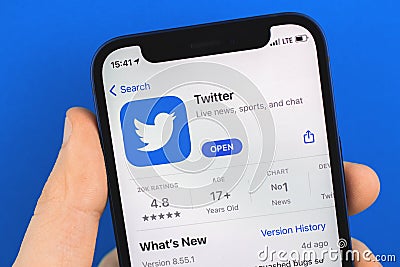 Kharkov, Ukraine - March 9, 2021: Twitter application in app store close up, icon of popular social media Editorial Stock Photo