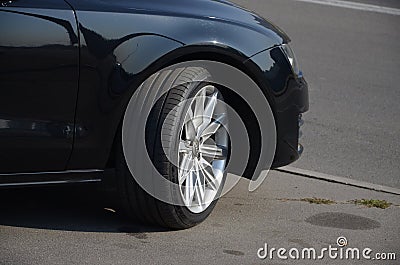 KHARKOV, UKRAINE - OCTOBER 21, 2019: Audi wheel close up. German automobile manufacturer distributes luxury vehicles Est in 1885 Editorial Stock Photo