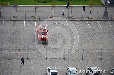 KHARKOV, UKRAINE - OCTOBER 25, 2019: Fire rescue truck from post soviet era parks on main Kharkiv city freedom square Editorial Stock Photo