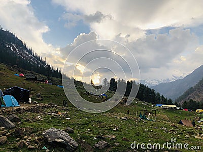 Kheerganga trek and camping view Himachal Stock Photo