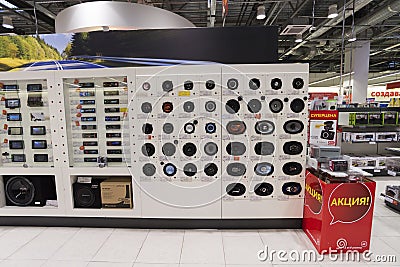 Khimki, Russia - December 22 2015. Speakers in Mvideo large chain stores selling electronics and household appliances Editorial Stock Photo