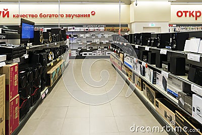 Khimki, Russia - December 22 2015. Speakers in Mvideo large chain stores selling electronics and household appliances Editorial Stock Photo