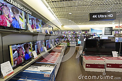 Khimki, Russia - December 22 2015. TV in Mvideo large chain stores selling electronics and household appliances Editorial Stock Photo