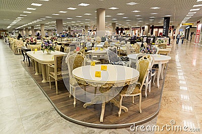 Khimki, Russia - September 03.2016. Tables and chairs in largest furniture store Grand Editorial Stock Photo