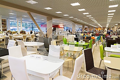Khimki, Russia - September 03.2016. Tables and chairs in largest furniture store Grand Editorial Stock Photo