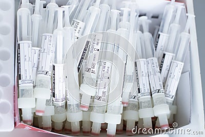 KhMAO-Yugra, Russia-09.06.2020: Empty sterile test tubes for blood analysis. Research for antibodies to coronavirus. Work in the Editorial Stock Photo
