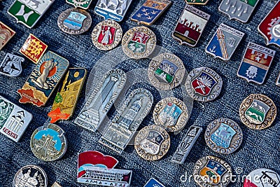 Khmelnitsky. Ukraine. March 15, 2020. Set of Soviet metallic badges Isolated on background Editorial Stock Photo